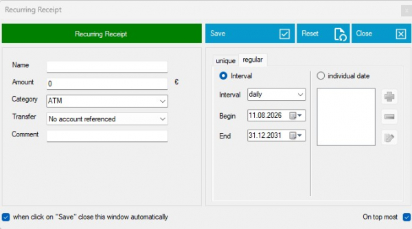 Recurring receipt with interval and date settings in MyMicroBalance