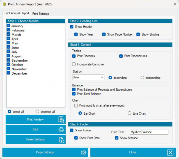 Print Annual Report dialog with month and content selection in MyMicroBalance Print Annual Report dialog with month and content selection in MyMicroBalance
