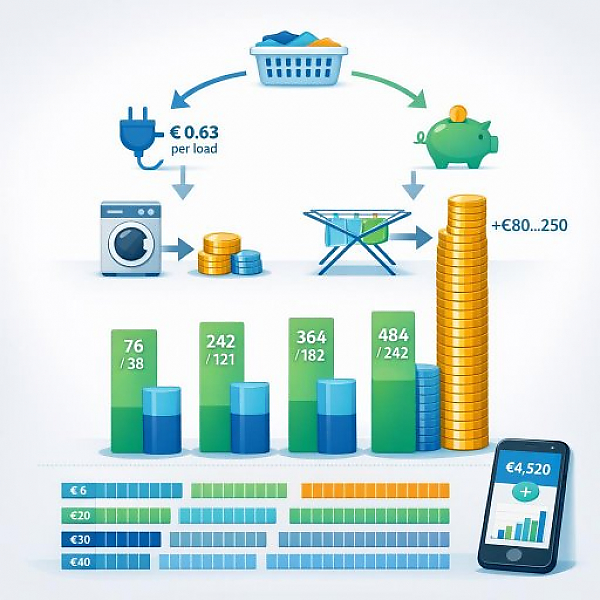 Spring Laundry Drying Costs Compared: How to Save Up to €250 in Electricity by Using a Drying Rack Instead of a Dryer