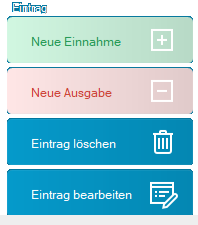 Schaltflächen für Einnahmen, Ausgaben und Buchungen in MyMicroBalance Schaltflächen für Einnahmen, Ausgaben und Buchungen in MyMicroBalance auf deckendem Hintergrund