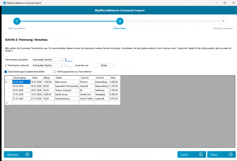 Zweistufiges Trennzeichenmodell im CSV Import von MyMicroBalance