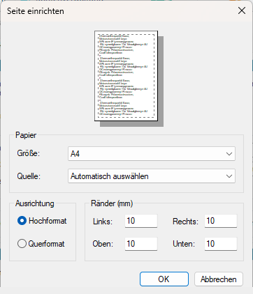Druckereinstellungen Seite einrichten Seite einrichten in MyMicroBalance mit A4, Papierquelle, Hochformat, Querformat und Raendern