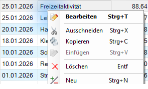 Kontextmenue einer aktuellen Buchung in MyMicroBalance