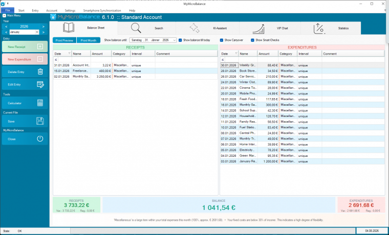 MyMicroBalance Balance Sheet with receipts, expenditures, balance, and carryover in January 2026 MyMicroBalance Balance Sheet with receipts, expenditures, balance, and carryover in January 2026