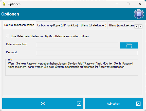 Optionen-Dialog in MyMicroBalance mit neutralem Dateipfad
