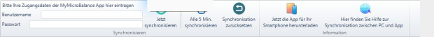 Smartphone Synchronisation in MyMicroBalance Smartphone Synchronisation in MyMicroBalance mit Zugangsdaten und Synchronisationsfunktionen