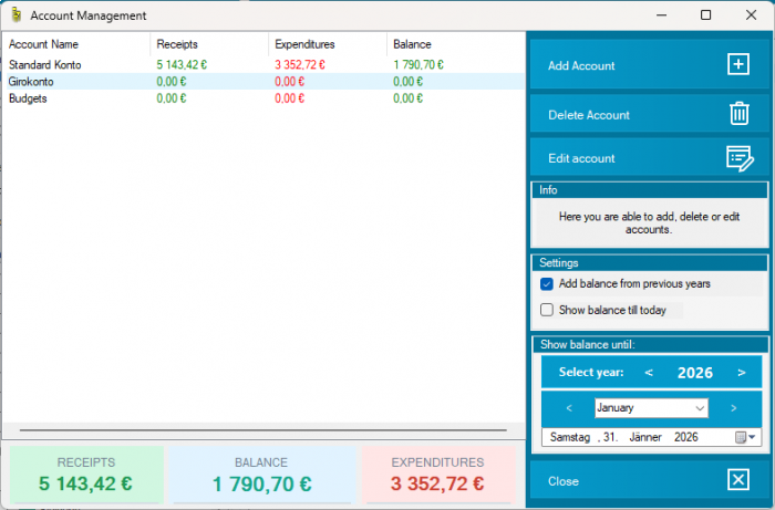Account Management overview with receipts, expenditures, and balances in MyMicroBalance