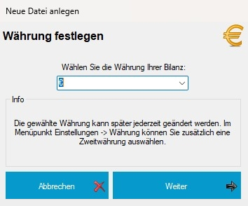 Waehrung beim Anlegen einer neuen Bilanz festlegen Waehrung beim Anlegen einer neuen Bilanz in MyMicroBalance festlegen