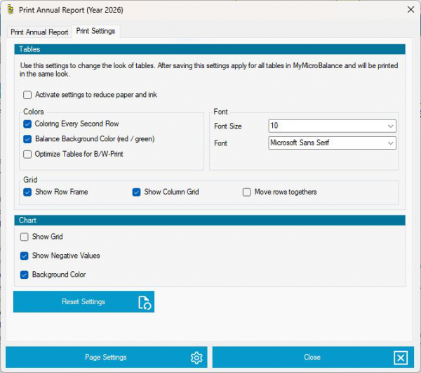 Print Options for an annual report in MyMicroBalance Print Options for an annual report in MyMicroBalance