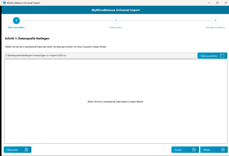 CSV Datei im Universal-Import-Assistenten ausw&auml;hlen