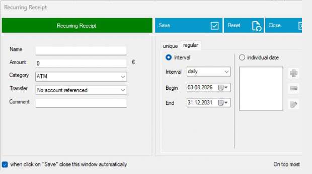 Recurring entry dialog in MyMicroBalance 2026 Recurring entry dialog in MyMicroBalance 2026