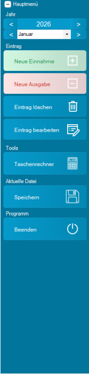 Linkes Hauptmenue von MyMicroBalance mit Jahr 2026 und Januar als Beispielmonat