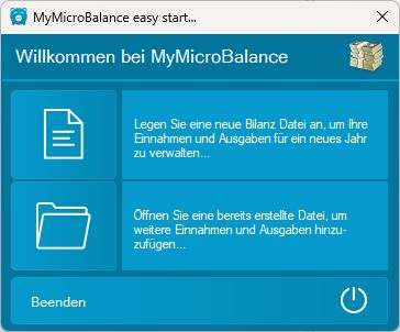 Startfenster zum Anlegen oder Öffnen einer Bilanz Startfenster von MyMicroBalance mit Kachel zum Anlegen einer neuen Bilanz