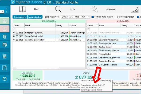 Zukunftssaldo bei Saldo bis Heute in MyMicroBalance Zukunftssaldo als Zusatzinformation beim Hover ueber Saldo bis Heute in MyMicroBalance