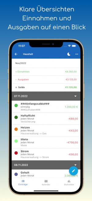 Startbildschirm der Haushaltsbuch App
