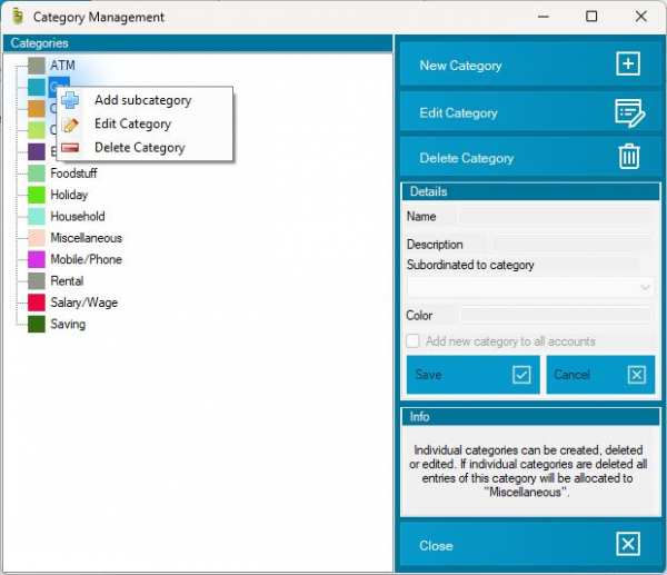 Right-click menu for a category in MyMicroBalance Right-click menu for a category in MyMicroBalance