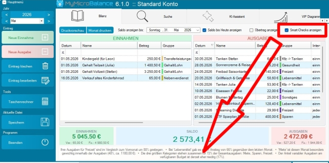 Smart-Checks in der Bilanzansicht ein- oder ausblenden Checkbox Smart-Checks anzeigen und eingeblendete Hinweise in MyMicroBalance